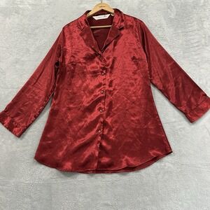 Victoria's Secret Button Pajama Shirt Blouse Women M Red Long Sleeve Satin Loung